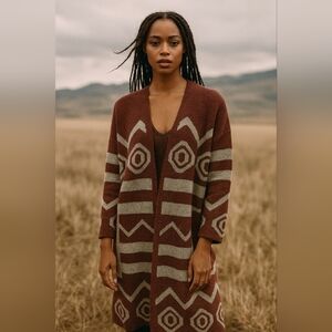 YeMak Sweater Wmns Tribal Boho Cardigan Slouchy Coat Long Sleeve Burgundy SzS/M